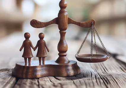 images en bois d'enfnts sur al balance de la justice
